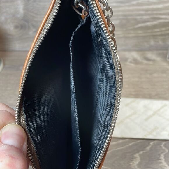 Dooney & Bourke Tan Canvas Brown Leather Trim “DB” Monogram Wristlet & Hardware - Picture 4 of 8